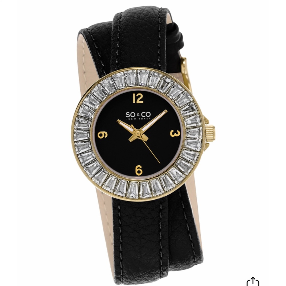 Double Wrap Leather Band Gold Crystal Bezel Watch